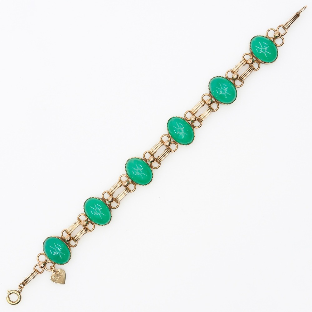 Vintage D'OR 1/20 12K GF Green Cabochon Gold Tone Double Bar Bracelet 1950s